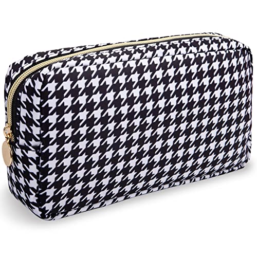 Nylon Small Makeup Bag for Purse, Cute Makeup Pouch Bag Preppy Cosmetic Zipper Pouch Purse, Portable Travel Toiletry Bag Clutch Makeup Brush Bag Organizer Storage for Ladies Girls(Black Houndstooth) - color: Black Houndstooth, size: Small