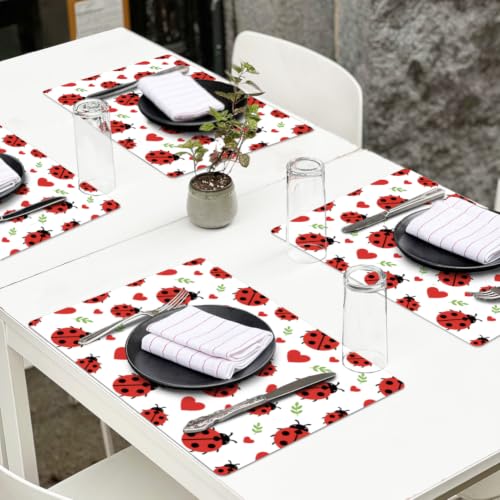 Peacoblue Placemats Set of 4,Faux Leather Ladybug on Leaves Design - style: Ladybug on Leaves
