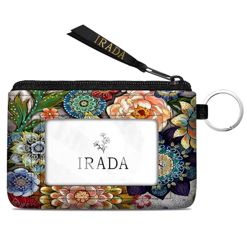 IRADA ID Case Wallet Keychain with Clear ID Window Zipper Cute Coin Purse for Women Water Resistant Small Coin Pouch-Boho Floral Keychain Wallet - color: Boho Floral-Keychain Wallet