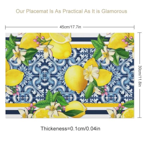 Summer Lemon Placemats Set of 4, 12x18 Inch Yellow and Blue Mediterranean Summer Fruit Italian Tiles Seasonal Heat Resistant Table Mats for Dining Kitchen Birthday Party Holiday Decor - color: Lemon04, size: 4pcs