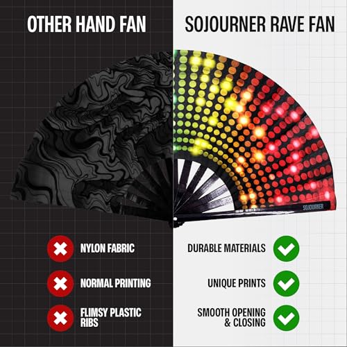 SoJourner Bags Bright Lights Rave Fan - Large Folding Clack Fan for Men and Women - Rave Accessories for EDM, Line Dancing, Cosplay, Concerts and More - color: Bright Lights