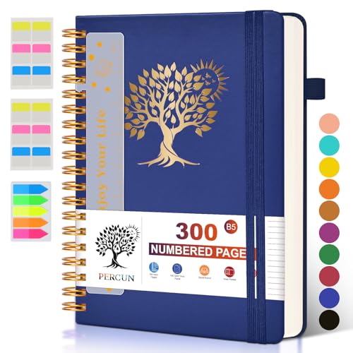 PERCUN B5 Spiral Notebook 300 Numbered Lined Pages Hardcover Journal 7"x10" - color: Navy, size: B5 size (7in x 10in)