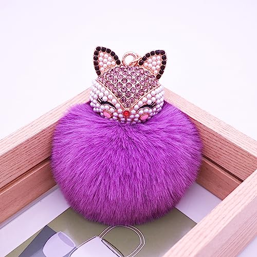 Faux Rabbit Fur Pom Pom Keychain with Fox Head - color: Purple