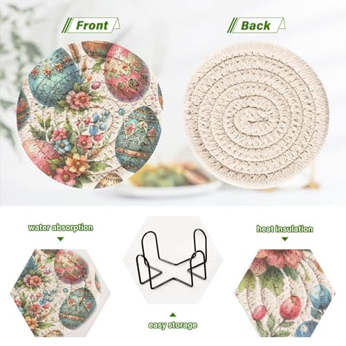 Watercolor Vintage Easter Drink Coasters Set - 6 Pcs Minimalist Woven Coasters with Holder for Home Decor, 3.94 Inch Absorbent Coasters for Drinks - color: D30
