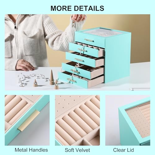 Frebeauty Jewelry Box for Women,Clear Lid Jewelry Organizer with 5 Drawers - color: Turquoise, size: 5 Drawer