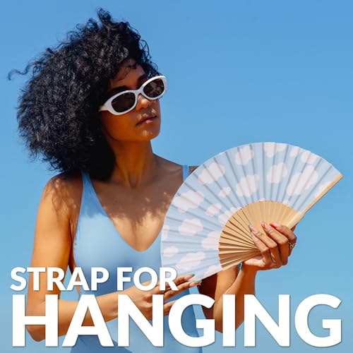 Fisura - Original Fan with Clouds Print. Modern and Colorful Wooden Fan. Blue Hand Fan. Hanger Included. Measures: 42,5 x 23 cm - color: Clouds, Blue