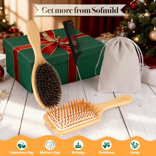 Sofmild Hair Brush Set with Bamboo Detangling Brush and Boar Bristle Brush - color: Black White