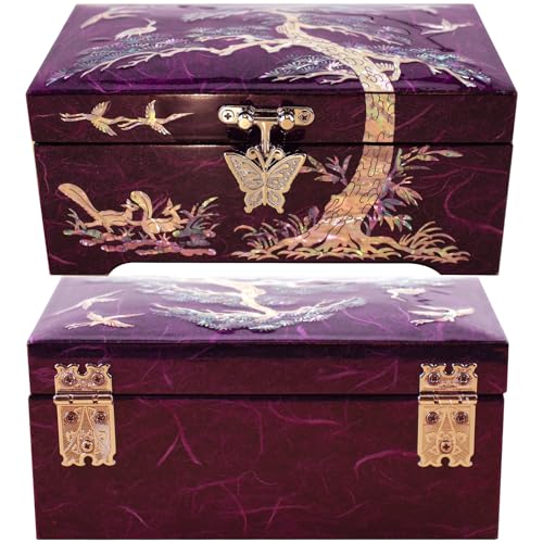 Mother of Pearl Lacquer Wood Jewelry Box, Pine Tree, Purple - style: Pine Tree Purple