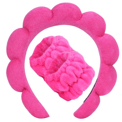 Beleki Spa Headband & Wristband Set - Sponge Terry Cloth Bubble Puffy Hairband - Non Slip Headwear - Hot Pink - 3 Pcs - color: Hot Pink