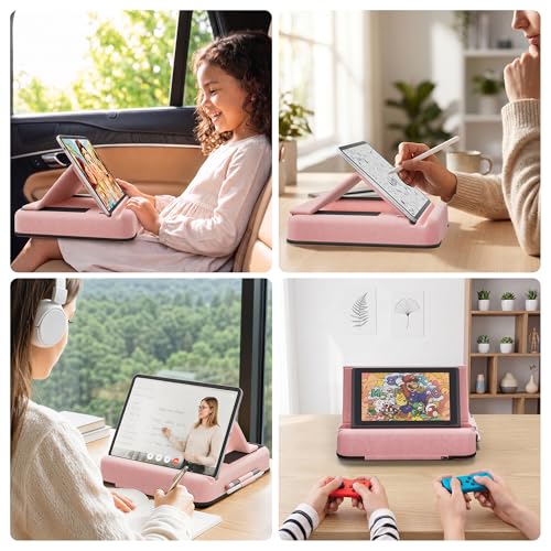 Tablet Pillow Stand, Multi-Angle Foldable iPad Holder for Bed, Sofa, Desk, Lap, Soft Pad Dock with Storage Pocket & Stylus Mount, for 4.7-13" Devices iPad,iPhone,E-Reader,Books (Pink) - color: Pink