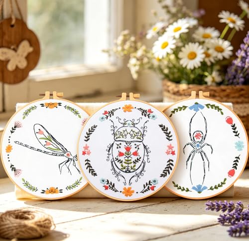 Armindou Hand Embroidery Kits for Beginners Adults, Insect Flowers Embroidery Set Needlepoint Kits, Spider Stamped Cross Stitch Kits for Beginners Adults, 3 Embroidery Hoops (Attached Video Tutorial) - color: Colorful