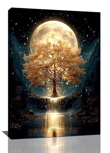 Golden Tree Wall Art Fantasy Tree with Moon and Waterfall Canvas Wall Decor Pictures Paintings Prints Mystical Nature Artwork Framed De corations For Meditation Space Bathroom Bedroom Living Room Office Gifts 16" x 24" - color: Golden Tree, size: 24"L x 1