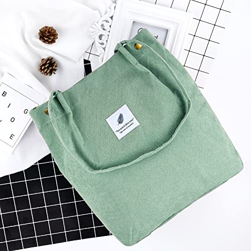 Ayieyill Corduroy Tote Bag for Women Canvas Shoulder Cord Purse with Inner Pocket - color: Pea Green