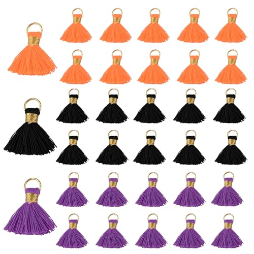 Mini Tassels Charm, 90pcs Golden Circle Purple Orange Black Mini Tiny Handmade Craft Tassels Charms for Halloween DIY Jewelry Necklace Making Accessories - color: 3 Halloween Colors-2.5cm
