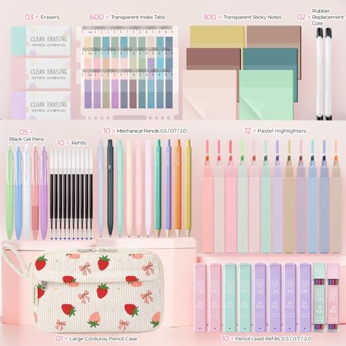 WOBAGMEN 62PCS Aesthetic School Supplies with Corduroy Pencil Case, Pastel Highlighters Gel Pens Mechanical Pencils, Cute College Essentials Set (Strawberry) - color: Strawberry