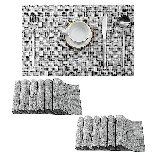 Leetaltree Linen Grey Placemats Set of 12 - Heat Resistant Non-Slip Place mats for Dining Table, Washable Durable PVC Vinyl Woven Table Mats（Linen Grey, 12） - color: C1- Linen Grey, size: Set of 12