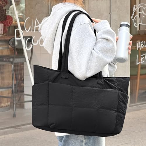 Puffer Tote Bag for Women, Quilted Multi-Pocket Lightweight Shoulder Bag for Work, Travel, Gym - color: Black