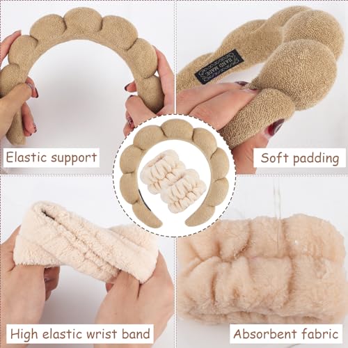 Zkptops Spa Headband for Washing Face Wristband Set Sponge Makeup Skincare Terry Cloth Bubble Soft Get Ready Hairband for Women Girl Puffy Padded Headwear Non Slip Thick Hair Accessory(Brown) - color: YR Brown