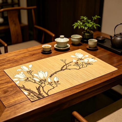 Bamboo Placemats Set of 4, Asian Style Table Mats Ancient Chinese Paintings Zen Floral Place Mats for Indoor Outdoor Kitchen Dining Table (Magnolia, Set of 4) - color: Magnolia