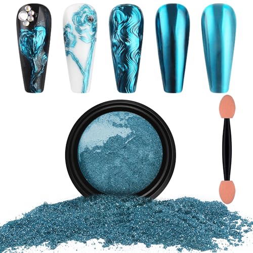 Artdone Chrome Nail Powder, Lake Blue Iridescent Aurora Powder Metallic Mirror Effect Pigment Pearlescent Mermaid Pigment Pearl Glitter Dust Kit, Nail Art Decoration, Resin Craft - color: 1 Jar - Lake Blue