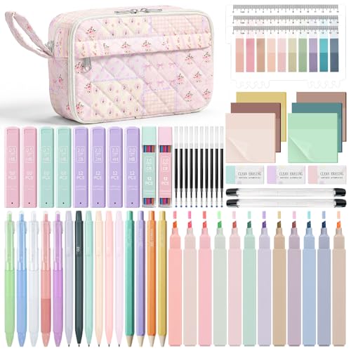 WOBAGMEN 62PCS Aesthetic School Supplies with Quilted Pencil Case, Pastel Highlighters, Gel Pens Mechanical Pencils Set, Cute Back to School Supplies, College Essentials (Purple Patchwork, M) - color: Purple Patchwork