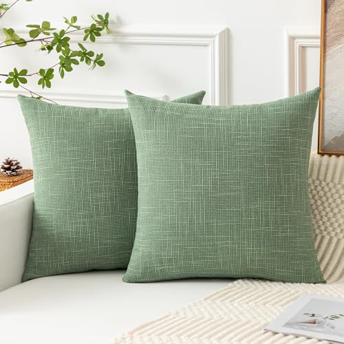 Kevin Textile Set of 2 Sage Green Pillow Covers 18 x 18 Inch Spring Farmhouse Boho Decorative Throw Pillow Covers Linen Cushion Covers for Sofa Couch Décor - color: Sage Green, size: 18" x 18" (Pack of 2)