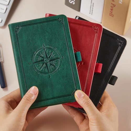 Small Notebook Pocket Journal with Pen, 3 Pack, A6 Mini Size 3.7" x 5.7", 100GSM Lined Paper, for Men & Women Writing, Leather Cover, Black, Red, Green - color: Blagrered Tree, size: A6