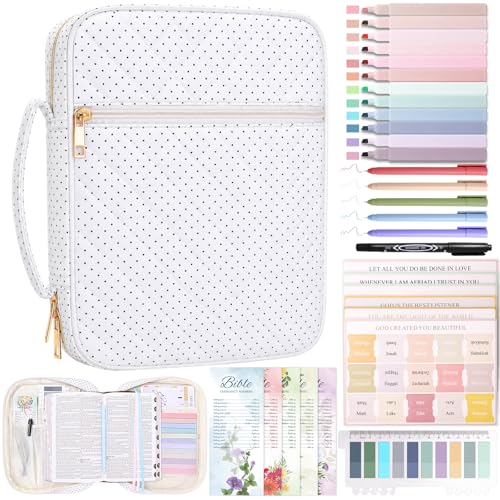 XKDOUS Bible Cover Case for Women Bible Bag Journaling Kit w/Study Supplies - color: Black Dot, size: Large