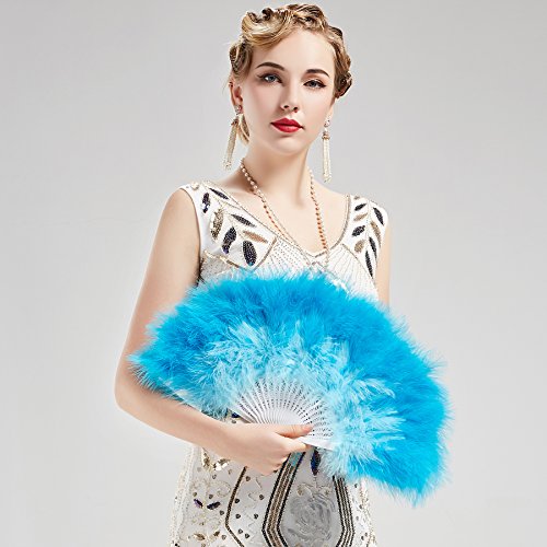 BABEYOND 1920s Marabou Feather Folding Hand Fan - color: Y-gradient Blue
