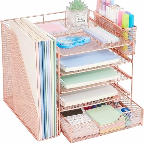 5-Tier Desk File Organizer with Drawer & Pen Holder (Rose Gold) - color: Rose Gold