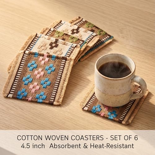 Boho Woven Coasters Set of 6, Absorbent Drink Coasters for Coffee Table, Rustic Farmhouse Table Decor, Southwestern Aesthetic, Handmade Style, Housewarming Gift