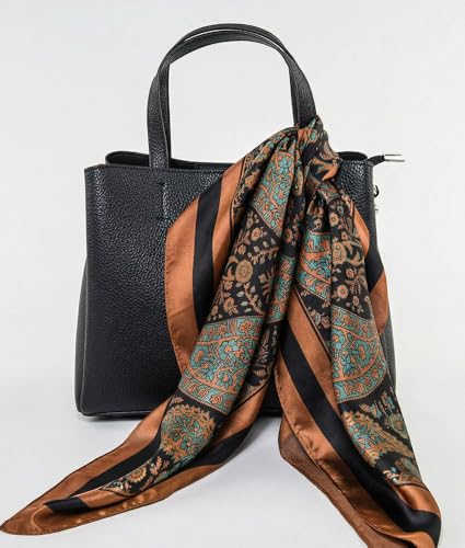 corciova Women’s Square Scarf 27.5 in (70 x 70 cm), Satin-Feel Polyester, Lightweight Fashion Scarf for Hair, Neck and Bag - color: Paisley Floral (Brown / Teal / Black)