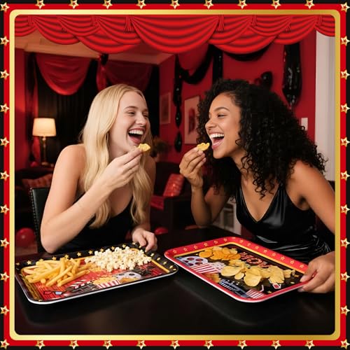 Vesici 4 Pack Movie Night Melamine Serving Trays, 13 x 10 Inch Rectangular Cinema Snack Platters with Popcorn & Film Designs, Durable Serving Plates for Home Theater, Parties & Appetizers - style: Movie Night
