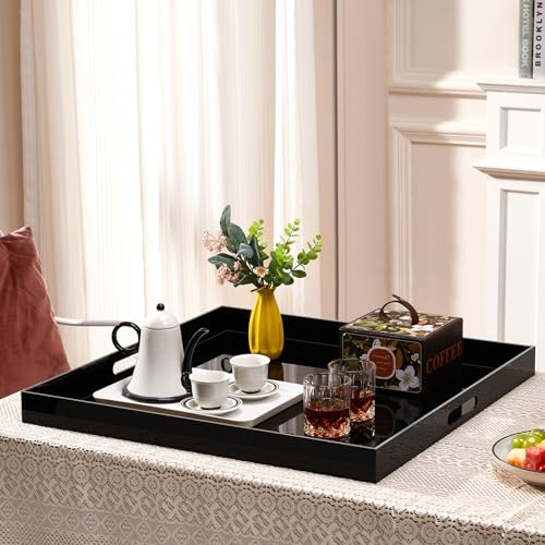 18×18 inches Oversized Black Acrylic Ottoman Tray Extra Large Decorative Tray Spill-Proof Serving Trays with Handles King-Size Safe Edge Organizer for Coffee Table Countertop Breakfast - color: Glossy Black, size: 18" x 18" x 2"
