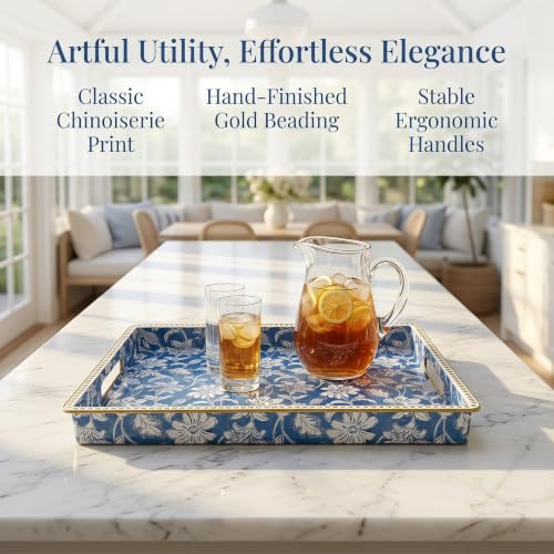 Rectangular Decorative Serving Tray with Handles,Vintage Blue White Floral Pattern Gold Trim Glossy Ottoman Coffee Table Tray,Multipurpose Vanity Tray for Jewelry Home Decor. 15.7" x 11.8" - color: Blue