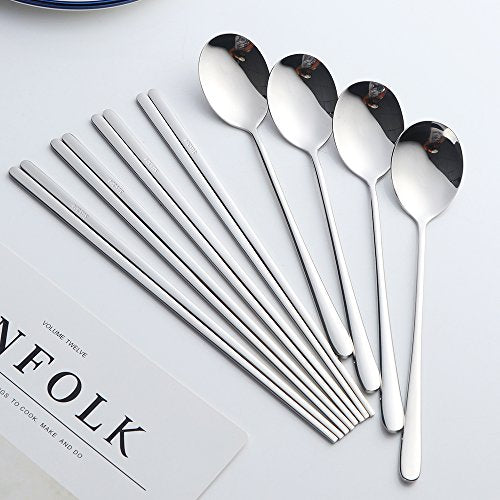 Buyer Star 4 Set Silver Korean Chopsticks Spoon Set Reusable Metal Stainless Steel Spoon Chopstix Set - color: silver-flat chopstick and spoon