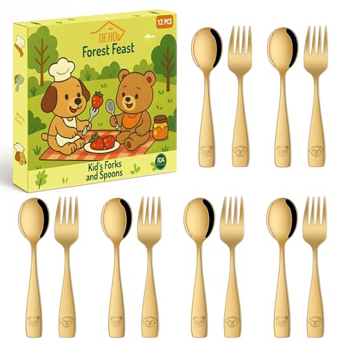 DEHOV Gold Toddler Eating Utensils Set,Set Of 12 Food Grade Stainless Steel Silverware Sets For Kids,Dishwasher Safe Children Small Metal Spoons And Forks Flatware Sets - color: Gold