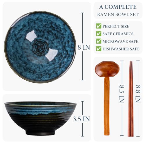 40oz Japanese Ceramic Ramen Bowl Set of 2 with Chopsticks and Spoons for Pho Udon Asian Soup Noodles (Nebula Blue) - color: Nebula Blue