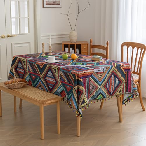 Handblock Print Tablecloth for Square Tables, Geometric Stitch Table Cover with Fringed Edges, Decorative Tablecloth for Kitchen and Dining Room,59"x 70" - color: Geometric Stitch, size: 70" x 59" (Rectangular)