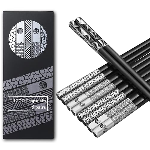 Stainless Steel Chopsticks Set-5 Pairs Reusable Metal Chopsticks 18/8 Dishwasher Safe, Non-Slip Laser Engraved Tips -Premium Japanese Korean Style Titanium Plated Black Chop sticks -Gift Box