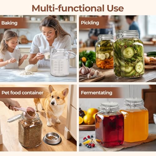 ComSaf Large Square Glass Jars with Airtight Lid 1 Gallon 2 Pack Wide Mouth - size: 1.1 gallon x 2 - Wide Mouth