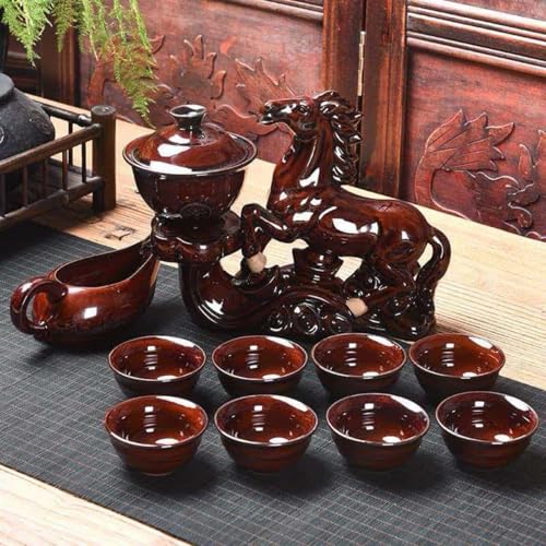 Chinese Gongfu Tea Set - Ceramic Teapot with Infuser, 8 Cups, Semi Automatic Horse Design for Loose Leaf Tea - color: Red Horse - A