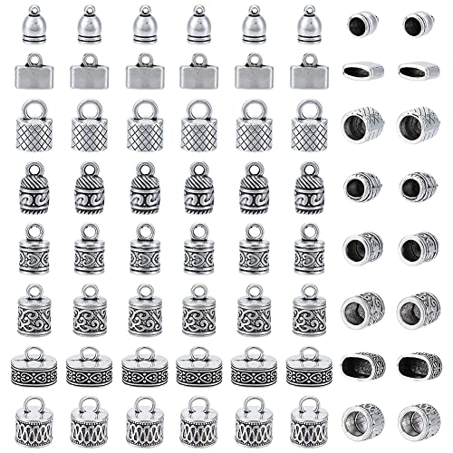 PH PandaHall Cord End Cap, 80pcs 8 Styles Vintage Leather Cord End Alloy Tube Barrel End Tip Glue-in Cord Terminator Barrel Caps for Tassels Bracelet Jewelry DIY Craft, for 5~12mm Cord, Antique Silver - color: Antique Silver-80pcs