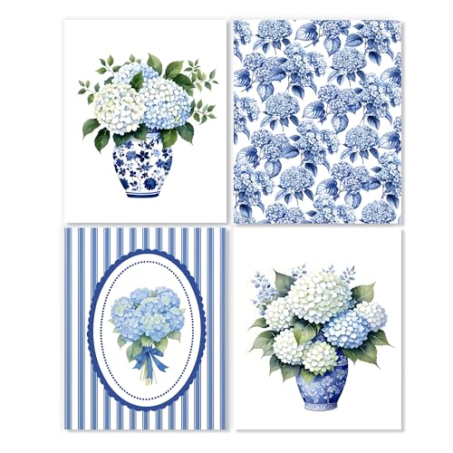 LUKIPOM Chinoiserie Hydrangea Floral Wall Art Posters Set of 4, Grandmillennial Home Decor, Blue and White Porcelain Hydrangea Flower Canvas Prints Artwork Wall Decor, 8x10 Unframed - color: Color 002