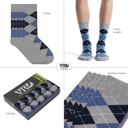 VRD Men's Dress Socks Bamboo Rayon, 5-Pack Crew Socks, Multiple Colors and Designs, Shoe Size 8-13, Gift Box - color: 22: Light Grey, 5-pack Argyle