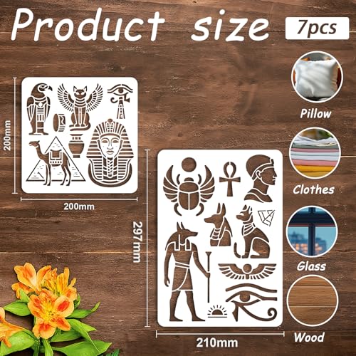 7Pcs Egyptian Hieroglyphs Stencil for Painting PET Templates Ancient Vintage Inlay Border Stencils for Furniture Reusable DIY Craft Wall Wood Fabric Canvas Paper Home Decor - color: egypt