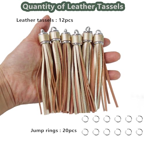 4.3'' Metallic Gold Leather Tassels 12Pcs with Silver Caps - color: Metalic Gold