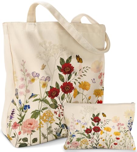 Miss Adola Canvas Tote Bag with Matching Makeup Pouch - color: New Retro Flowers