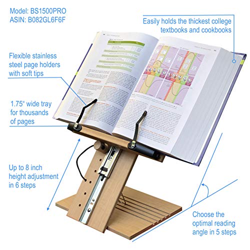 BS1500PRO Large Portable Height Adjustable Foldable Eye-Level Ergonomic Bookstand Holder for Reading Hands Free Large Thick Heavy College Textbooks Tablets Neck Pain Free - size: PRO