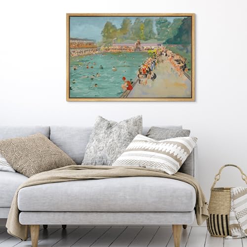 SIGNFORD Framed Canvas Print Wall Art Vintage Public Pool Scene Retro Outdoor Swimming Pool with Crowd Illustrations Modern Art Decorative Relax/Zen for Living Room, Bedroom, Office - 24x36 Natural - color: B08-2508-M13, size: 36"L x 24"W